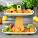 Suport prajituri, gustari cu 2 nivele, platou portelan si lemn de salcam, Kassel