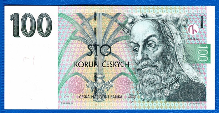 (5) BANCNOTA CEHIA - 100 KORUN 1997, PORTRET KAREL IV, STARE AUNC/UNC