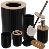 Set de accesorii rotunde pentru baie din plastic cu elemente bambus, 6 piese, negru