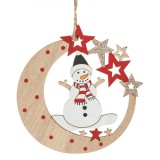 Ornament Crăciun, Brad, Lemn, Lună Stele Om de Zăpadă, Glitter, 10 cm, Roșu și Auriu, Oem