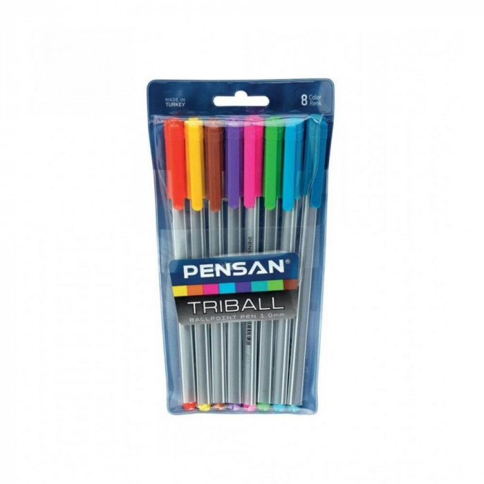 Pixuri PENSAN Triball, Varf 1 mm, 8 Buc/Set, Scriere Multicolora, Corp de Plastic, Pixuri Scolare, Pixuri pentru Scoala, Pixuri Colorate, Set Pixuri C