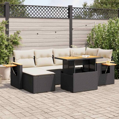 vidaXL Set canapele grădină perne 7 piese negru, poliratan/lemn acacia 3327619 foto