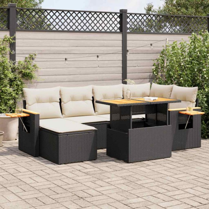 vidaXL Set canapele grădină perne 7 piese negru, poliratan/lemn acacia 3327619