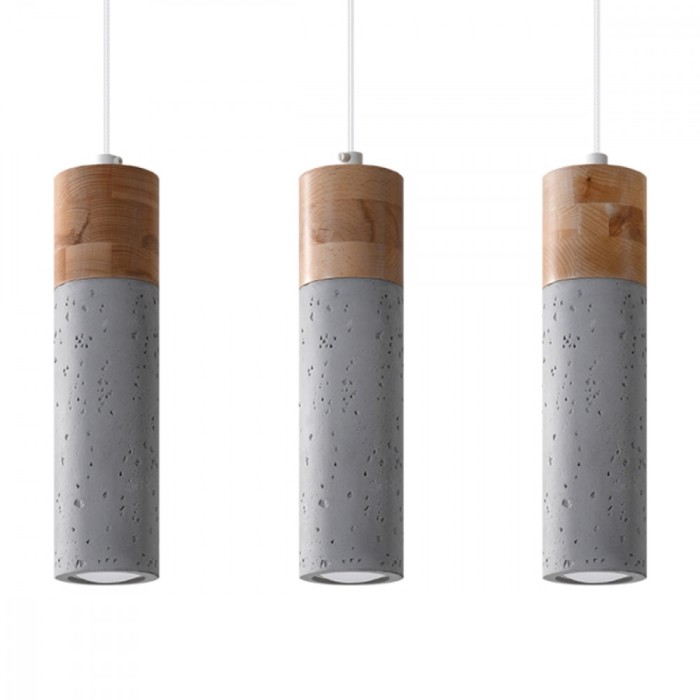 Lampă Suspendată Zane Lemn Gri/Natural Beton, 3 Becuri Tub Industriale De Interior.