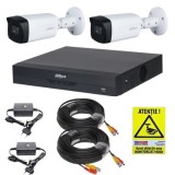 Kit supraveghere Dahua 2 camere 2MP IR 40m Lentila 2.8mm IP67, DVR 4 canale 5MP WizSense, accesorii montaj + Autocolant Rovision SafetyGuard Surveilla