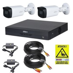 Kit supraveghere Dahua 2 camere 2MP IR 40m Lentila 2.8mm IP67, DVR 4 canale 5MP WizSense, accesorii montaj + Autocolant Rovision SafetyGuard Surveilla