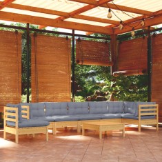 vidaXL Set mobilier de grădină cu perne gri, 9 piese, lemn masiv pin 3096736