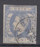ROMANIA 1872 LP 31c CAROL I CU BARBA10 BANI ULTRAMARIN IMPRESIUNE DEFECTUOASA, Stampilat