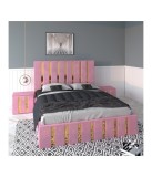 Pat Tapitat Mexic Roz + Saltea 20cm Grosime + Noptiere Tapitate 160x200cm