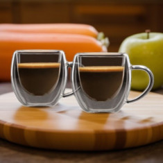 Set de 2 buc. - Pahare Duble din Sticlă Borosilicat Transparentă pentru Cafea, 80 ml - Rezistente la Temperaturi Ridicate și Zgârieturi, Ușoare și Lav