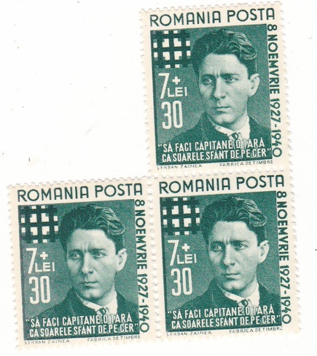 TIMBRE ROMANIA 1940 MISCAREA LEGIONARA CORNELIU ZELEA CODREANU BLOC 3 TIMBRE