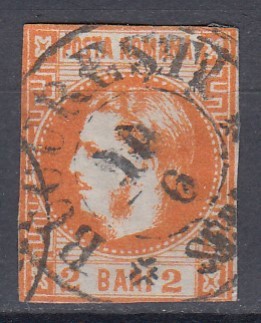ROMANIA 1868 LP 21 CAROL CU FAVORITI 2 BANI PORTOCALIU STAMPILA BUCURESTI