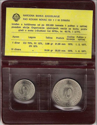 IUGOSLAVIA █ SET COMPLET COMEMORATIV FAO DE MONEDE █ 1 + 10 Dinara █ 1976 █ UNC foto