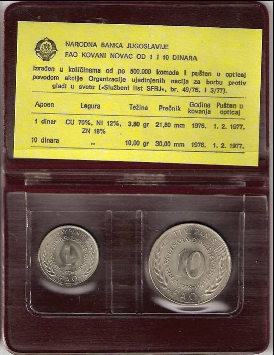 IUGOSLAVIA █ SET COMPLET COMEMORATIV FAO DE MONEDE █ 1 + 10 Dinara █ 1976 █ UNC