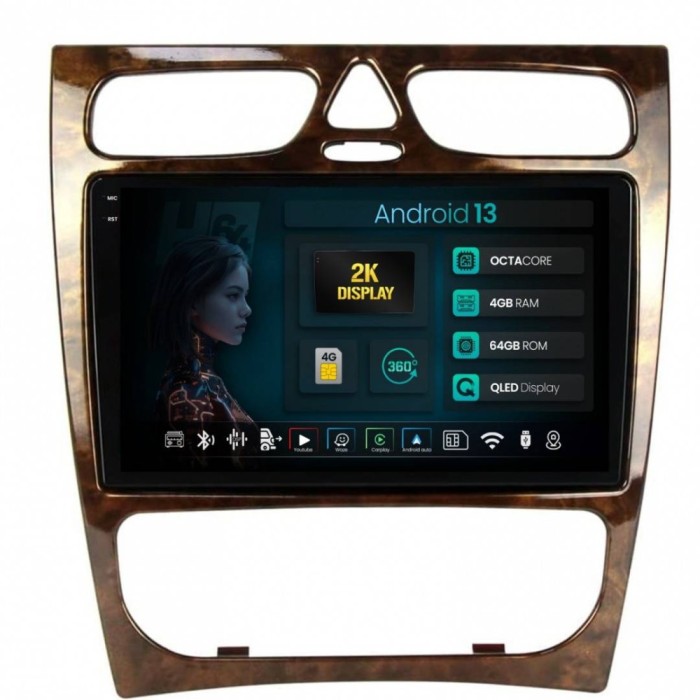 Navigatie 2K Benz C Class (W203) (2002-2004) 4GB RAM Android 13 Octacore Slot Sim 4G DSP GPS Wi-FI Carplay Android Auto USB Bluetooth Waze Touchscreen