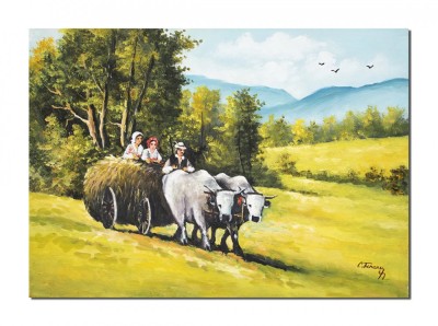 Tablou pictat manual, Car cu boi, 70x50cm ulei pe panza, reproducere Nicolae Grigorescu foto
