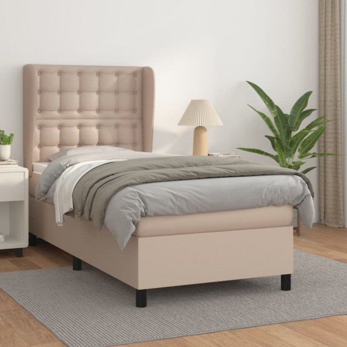 vidaXL Pat box spring cu saltea, cappuccino, 90x200 cm piele ecologică 3129014
