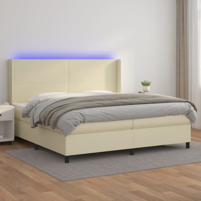 vidaXL Pat cu arcuri, saltea și LED, crem, 200x200 cm, piele ecologică 3139285 foto
