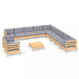 Set mobilier gradina cu perne, 12 piese, gri, lemn masiv pin