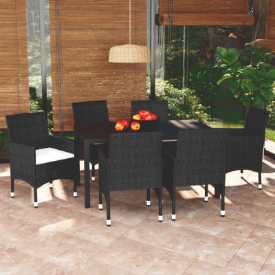 vidaXL Set de masă pentru grădină cu perne, 7 piese, negru, poliratan 3095012 foto