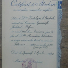 Certificat de absolvire a cursului secundar inferior/ Bucuresti, 1940