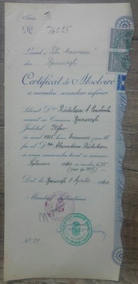 Certificat de absolvire a cursului secundar inferior/ Bucuresti, 1940 foto