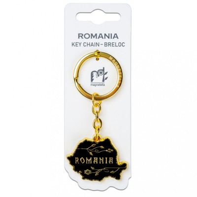 Breloc Romania, harta neagra, placare aurie, MB407 foto