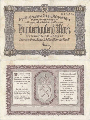 1923 (8 VIII), 100.000 mark - Germania (Schwandorf) - stare XF+! foto