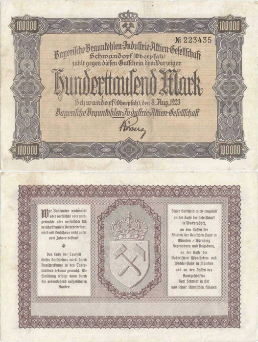 1923 (8 VIII), 100.000 mark - Germania (Schwandorf) - stare XF+!