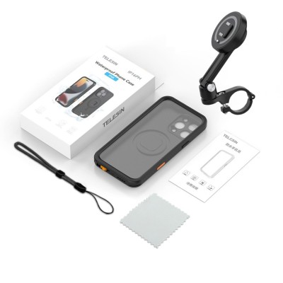 Sistem montare telefon pe ghidon motocicleta cu husa waterproof, TELESIN, compatibil iPhone 16 Pro Max, blocaj magnetic si siguranta, negru foto