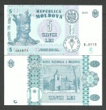 Bancnota Moldova 5 Lei 2015 UNC, NeCirculata, Colectie Numismatica