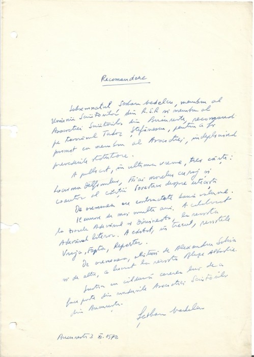 A3419N Șerban Nedelcu, act olograf semnat, 1972