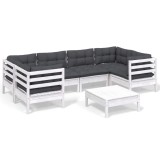 Set mobilier de gradina cu perne, 7 piese, alb, lemn masiv pin