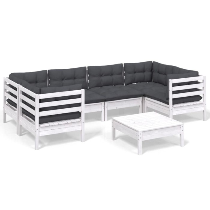 Set mobilier de gradina cu perne, 7 piese, alb, lemn masiv pin