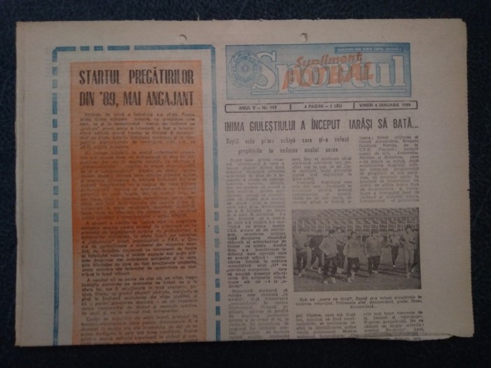 ZIARUL SPORTUL SUPLIMENT FOTBAL 6 IANUARIE 1989