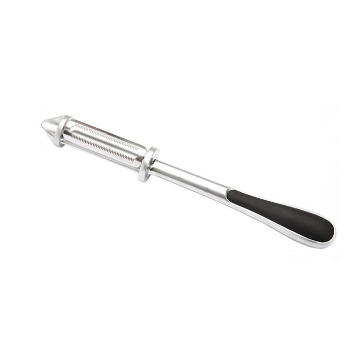 Peeler 2in1 pentru Legume si Fructe, Cyrax, Multifunctional, cu 2 Lame de Curatati si Feliat, Varf Ascutit pentru Gaurit, 18 cm, din Otel Inoxidabil,