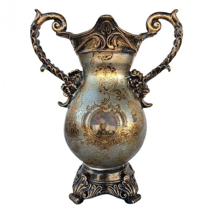 Vaza decorativa cu aspect vintage cu toarte si picior, Luxury, 30 cm, Auriu, 521H