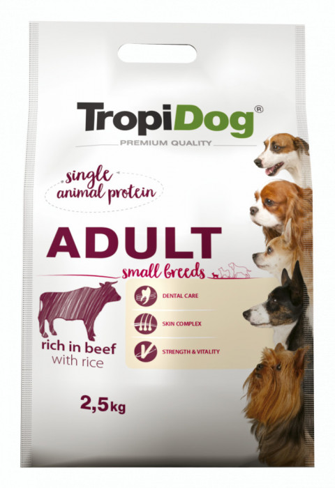Hrana uscata pentru caini TropiDog, Premium Adult, tale mica, vita &amp; orez, 2.5kg AnimaPet MegaFood