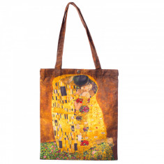 Geanta shopper din material satinat textil, imprimeu inspirat dupa pictura Sarutul a celebrului Gustav Klimt foto