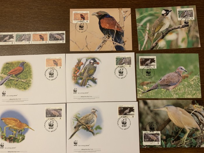 macau - pasari - serie 4 timbre MNH, 4 FDC, 4 maxime, fauna wwf