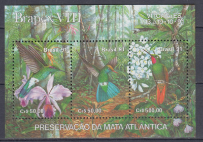 BRAZILIA 1991 FLORA SI FAUNA DIN REZERVATIA NATURALA PADUREA ATLANTICA BLOC MNH foto