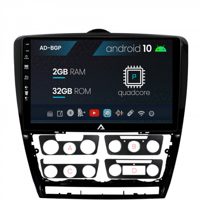 Navigatie Skoda Octavia 2, Android 10, P-Quadcore 2GB RAM + 32GB ROM, 10.1 Inch - AD-BGP10002+AD-BGRKIT048v2