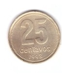 Moneda Argentina 25 centavos 1992, stare buna, curata