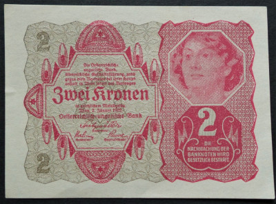 Bancnota istorica 2 COROANE/ KRONEN- AUSTRIA, anul 1922 *cod 391 A = unifata foto