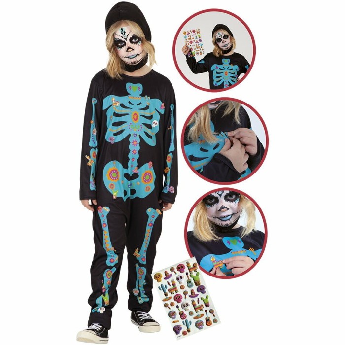 Costum de carnaval cu autocolante - Schelet infricosator S (3-4 ani/max 104cm)