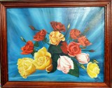 Cumpara ieftin Tablou &ndash; Trandafiri, pictură de mari dimensiuni &icirc;n ulei semnată Fărcaş (1977), Flori, Avangardism