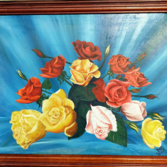 Tablou – Trandafiri, pictură în ulei semnată Fărcaş (1977)