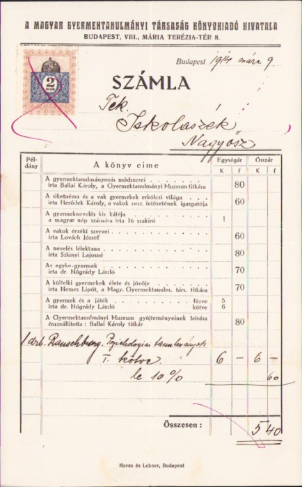 HST A884 Factură 1914 Magyar Gyermektanulmany Tarsasag Konyvkiado