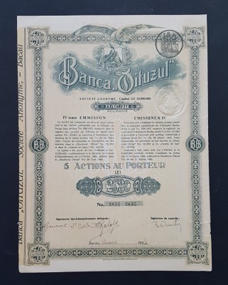 Actiune 1926 Banca Oituzul , titlu de 5 actiuni la purtator , Bacau foto