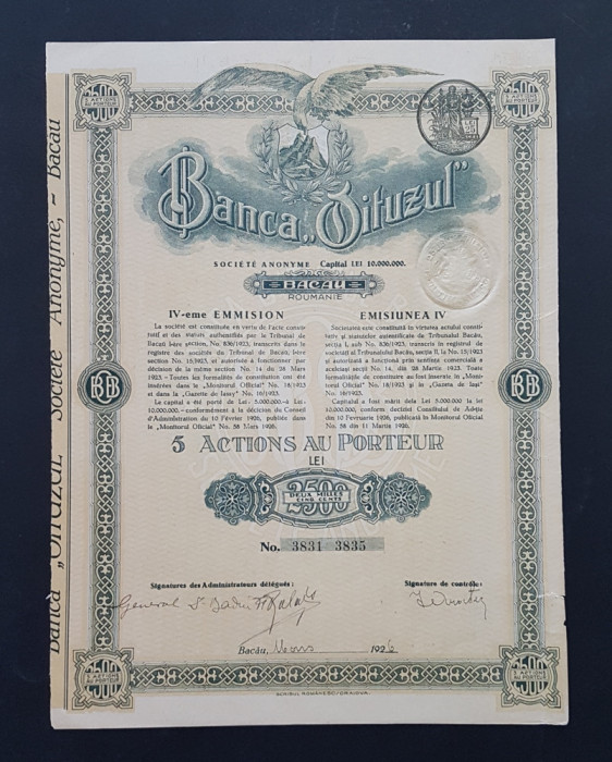 Actiune 1926 Banca Oituzului , titlu de 5 actiuni la purtator , Bacau